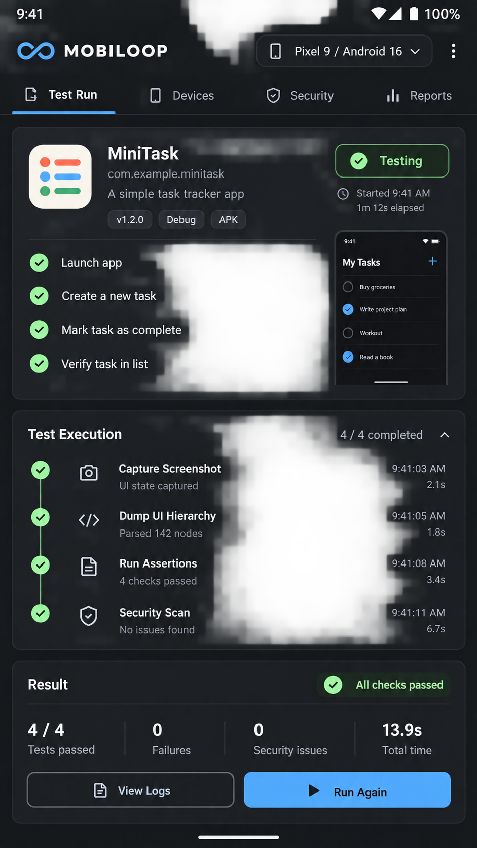 MobiLoop mobile validation console showing a completed MiniTask test run